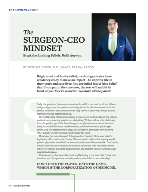 Opening page of The Surgeon-CEO Mindset by Dr. Justin Smith, Surgery Business, April 2026