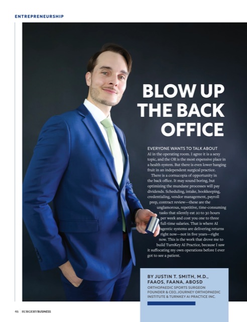 Opening page of Blow Up the Back Office by Dr. Justin Smith, Surgery Business, July 2026