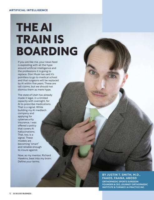 Opening page of The AI Train Is Boarding by Dr. Justin Smith, Surgery Business, Fall 2026